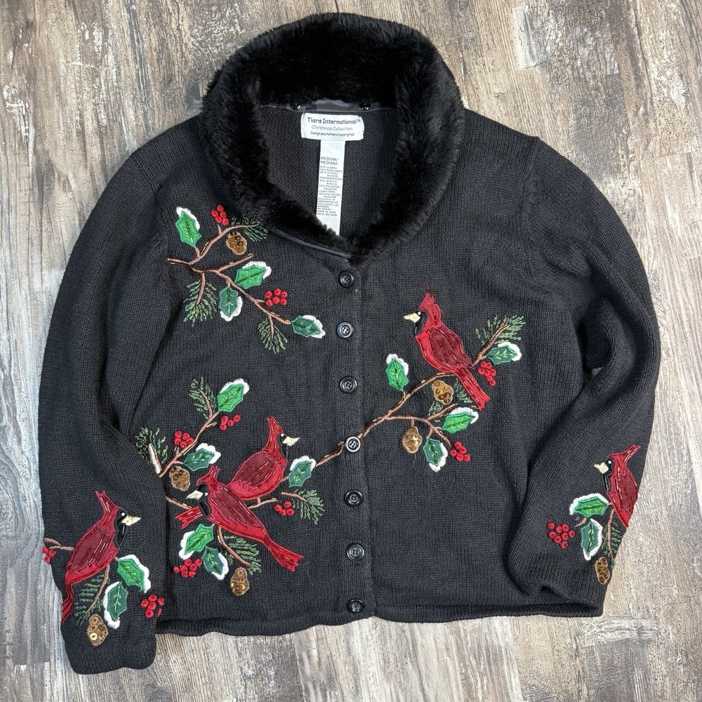 Tiara International Christmas Collection Women's Black Cardigan Sweater Red Med